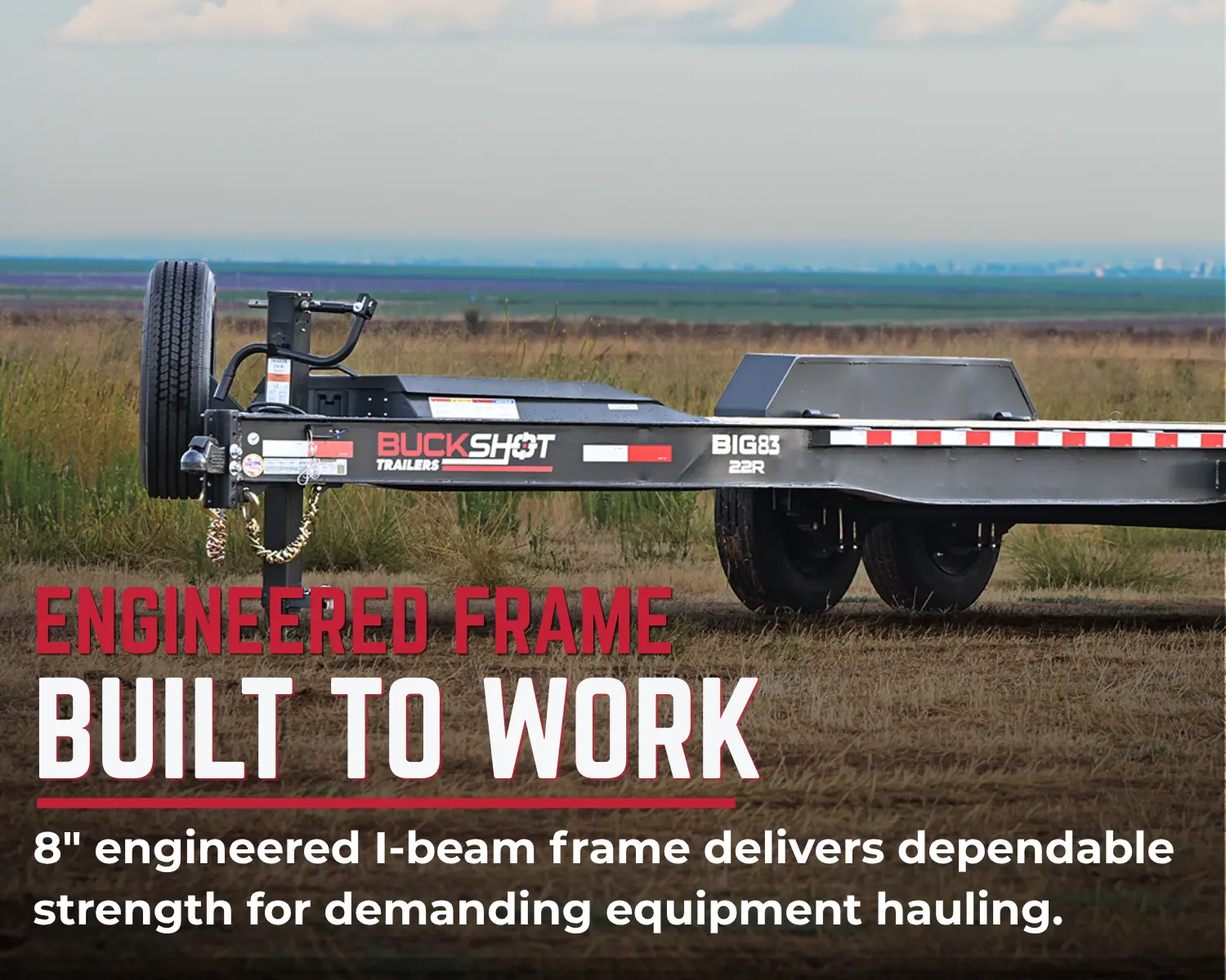 BIG-83 22 R equipment trailer with 8-inch engineered I-beam frame and pine lumber floor