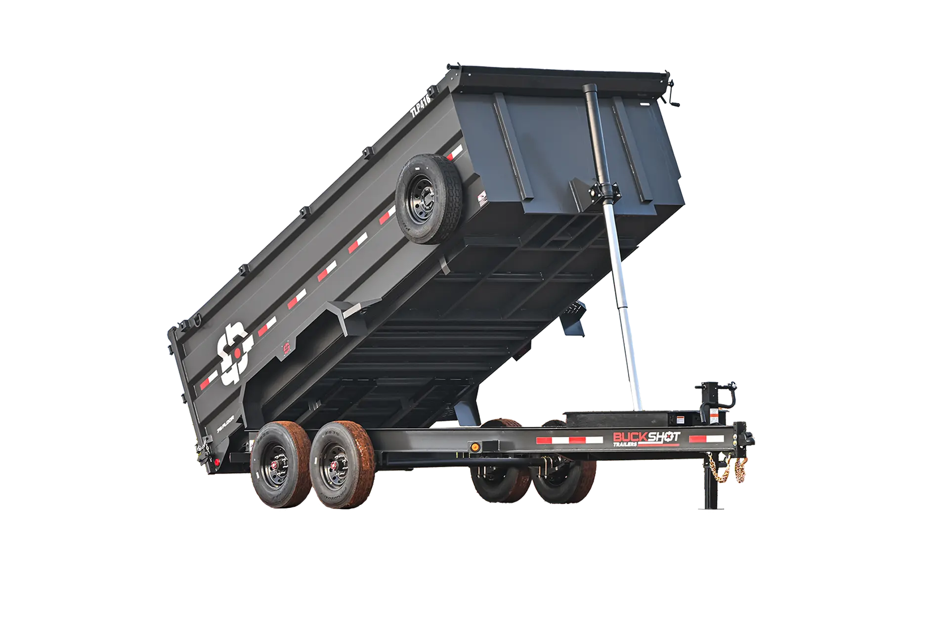TLP model line represented by a TLP316 bumper pull telescopic dump trailer in Gunmetal Gray