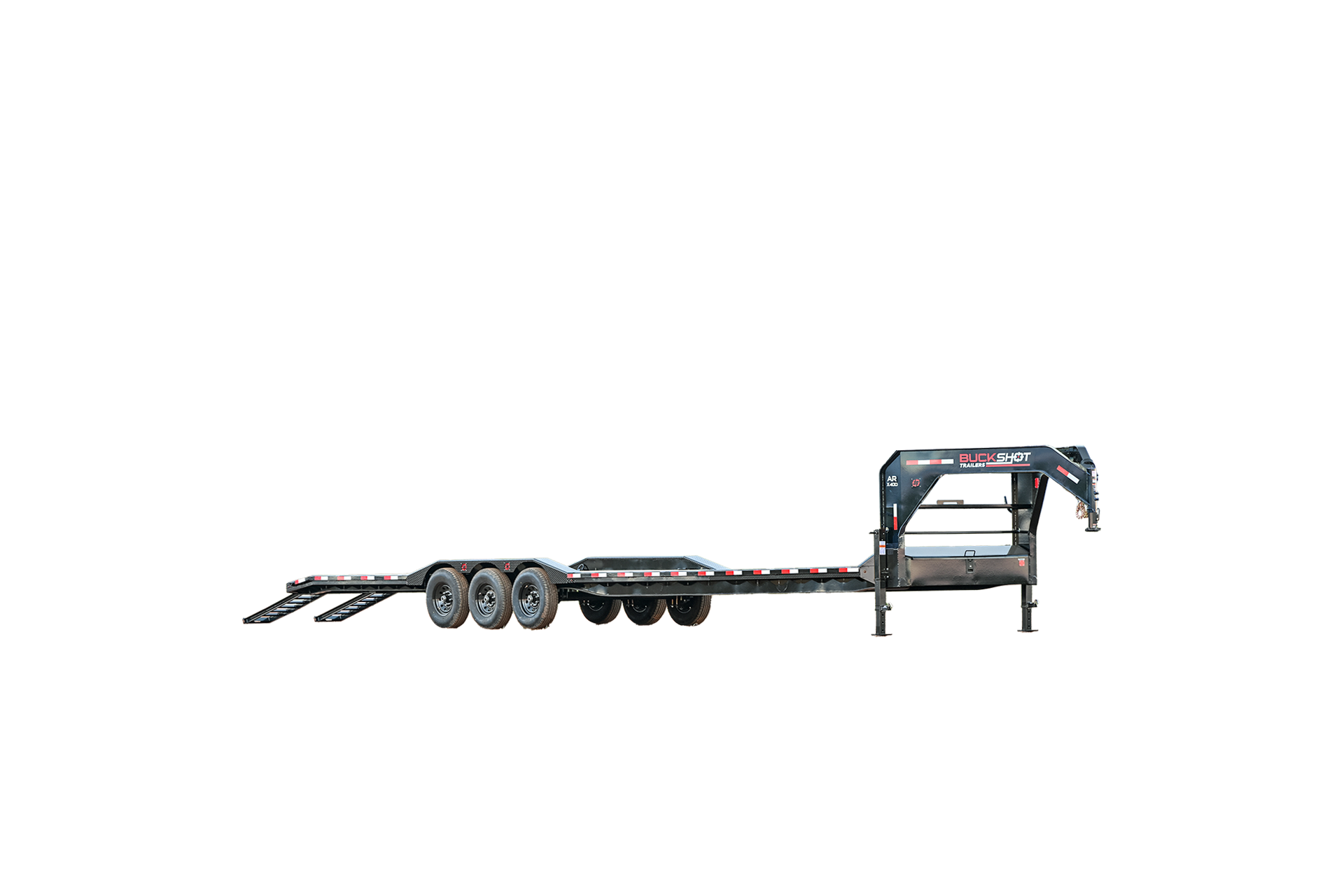 Buckshot AR XD triple-axle gooseneck dovetail equipment trailer in GunMetal Gray